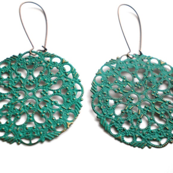 Teal Green Filigree Hand Painted Earrings - Picture 2 of 3